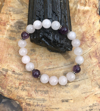 Rose Quartz Amethyst Beaded Stretch Bracelet Healing Gem