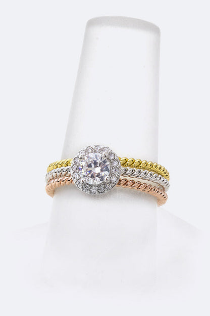 Round CZ Triple Stack Ring Set Gold Silver Rose Plated