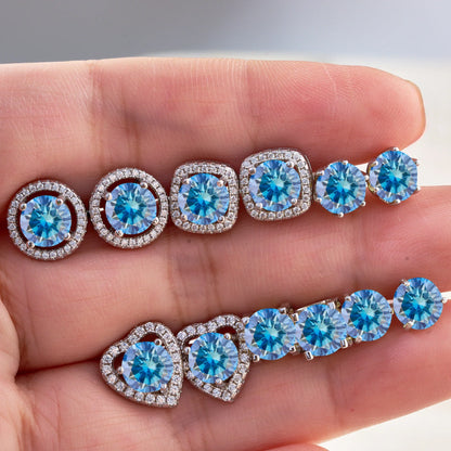 Royal Blue Moissanite Stud Earrings 2ct Total D VVS 925 Sterling Silver