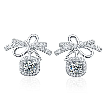 S925 Sterling Silver Moissanite Stud Earrings 0.5ct×2 Bow Fringe Dangle Women