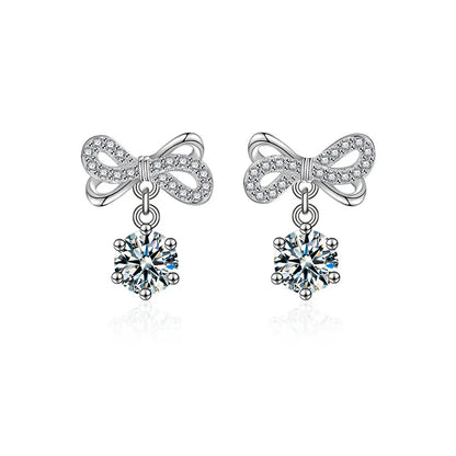 S925 Sterling Silver Moissanite Stud Earrings 0.5ct×2 Bow Fringe Dangle Women