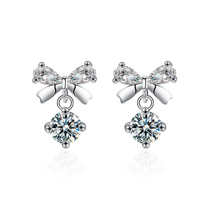 S925 Sterling Silver Moissanite Stud Earrings 0.5ct×2 Bow Fringe Dangle Women
