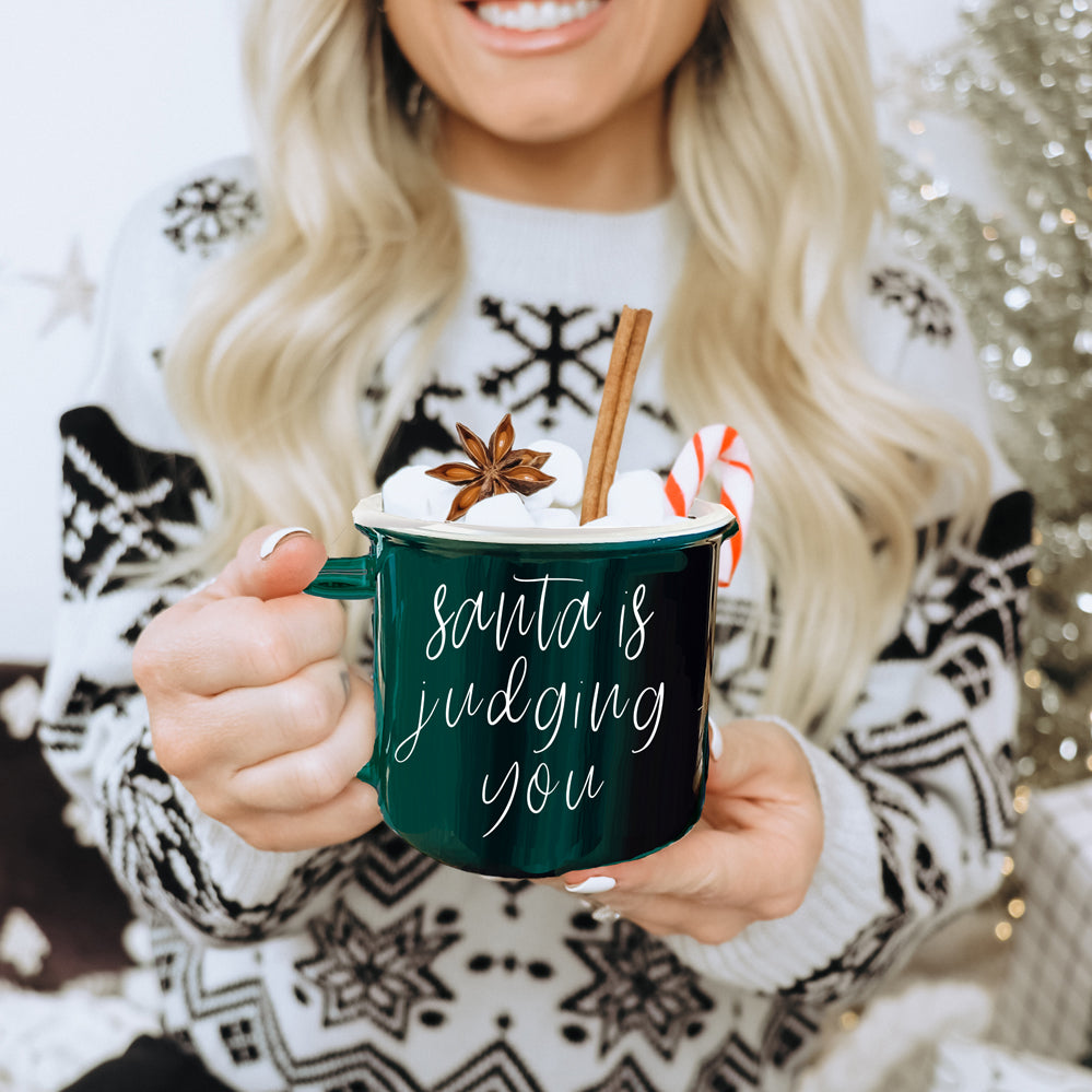 Santa Is Judging Mug 14.5oz Ceramic Campfire Style Holiday Coffee Mug Red Or Green Double Sided