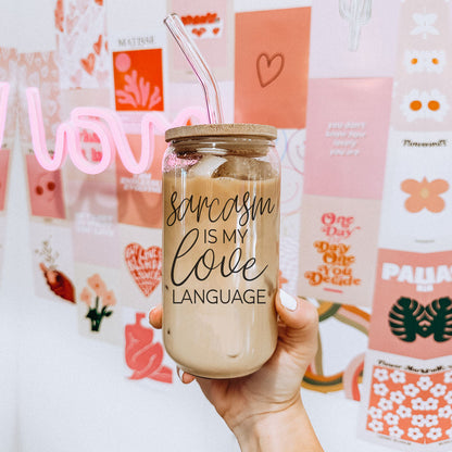Sarcasm Is My Love Language 20oz Glass Tumbler With Bamboo Lid