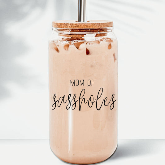 Funny Mom 17oz Glass Tumbler With Bamboo Lid, 2 Stainless Straws and Cleaner