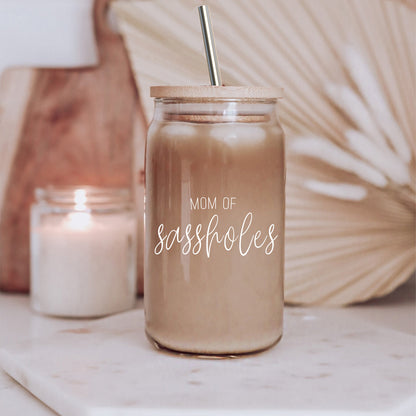 Funny Mom 17oz Glass Tumbler With Bamboo Lid, 2 Stainless Straws and Cleaner