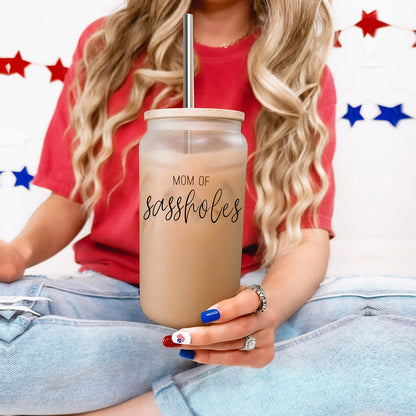 Funny Mom 17oz Glass Tumbler With Bamboo Lid, 2 Stainless Straws and Cleaner