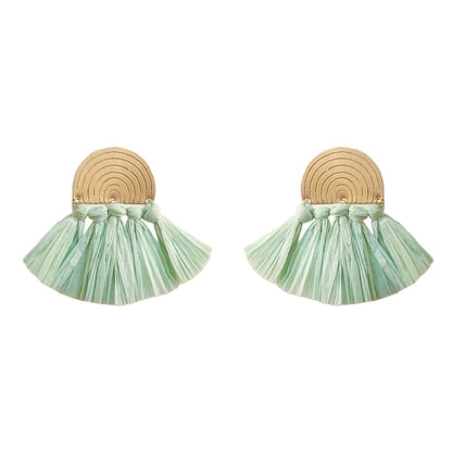 Sea Green Raffia Fan Earrings Lightweight Boho Brass Dangle Summer Jewelry