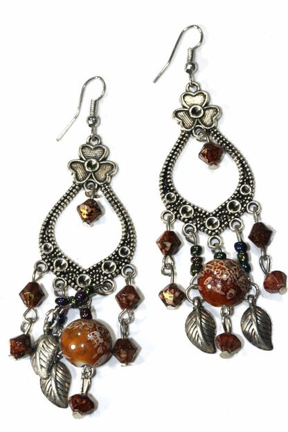 Shamrock Marbled Red Bead Dangle Earrings Boho Leaf