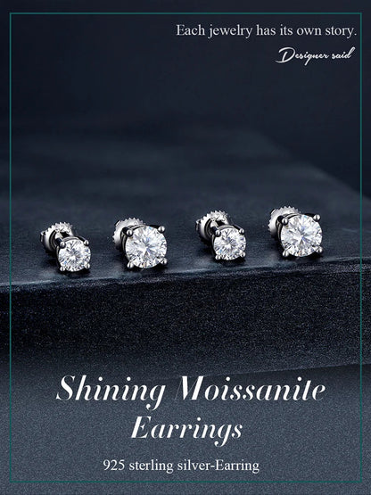 Moissanite Stud Earrings 2CT VVS1 925 Sterling Silver Screw Back Classic