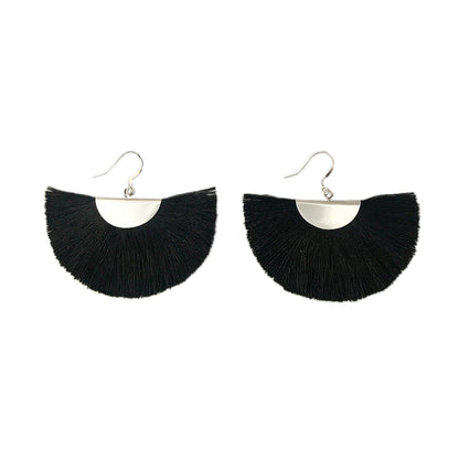 Silver Half Moon Fan Earrings Boho Cotton Fringe Drop Lightweight Handmade 2 x 2.5 Inches