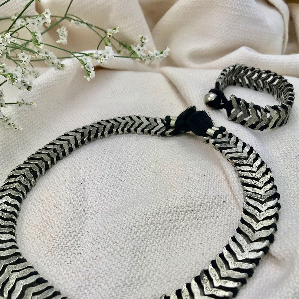 Silver Temple Adjustable Bracelet Boho Handwoven Metal Beads Cotton Thread