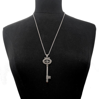 Silver Vintage Key Necklace Pendant Long Chain Charm