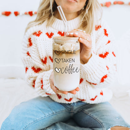 20oz Coffee Glass Cup With Bamboo Lid - Single Taken Coffee Heart Design