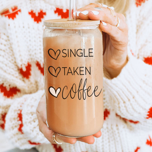 20oz Coffee Glass Cup With Bamboo Lid - Single Taken Coffee Heart Design