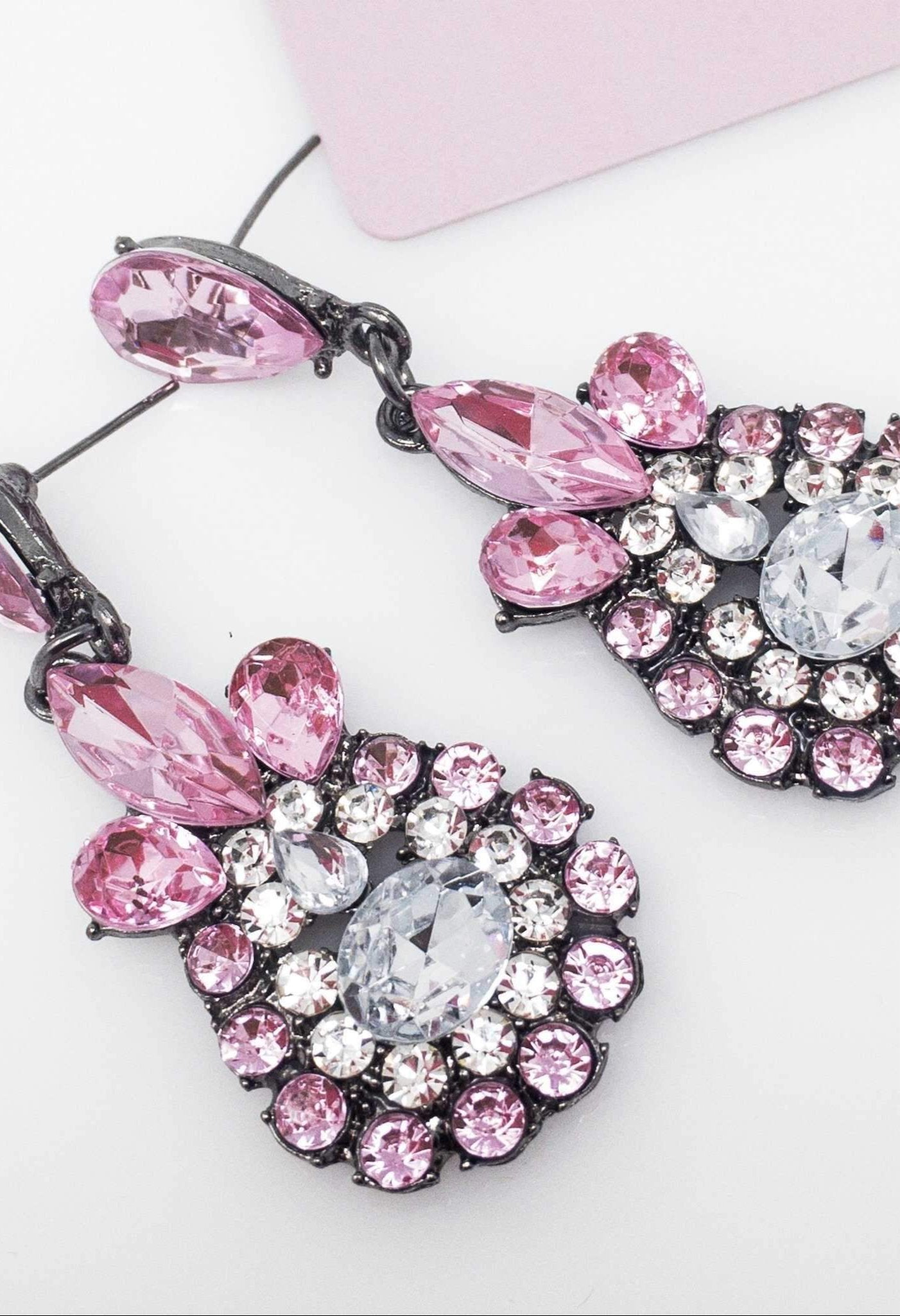 Sparkling Pink Teardrop Dangle Earrings With Crystals