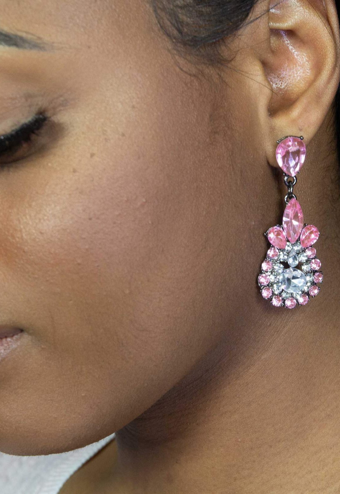 Sparkling Pink Teardrop Dangle Earrings With Crystals