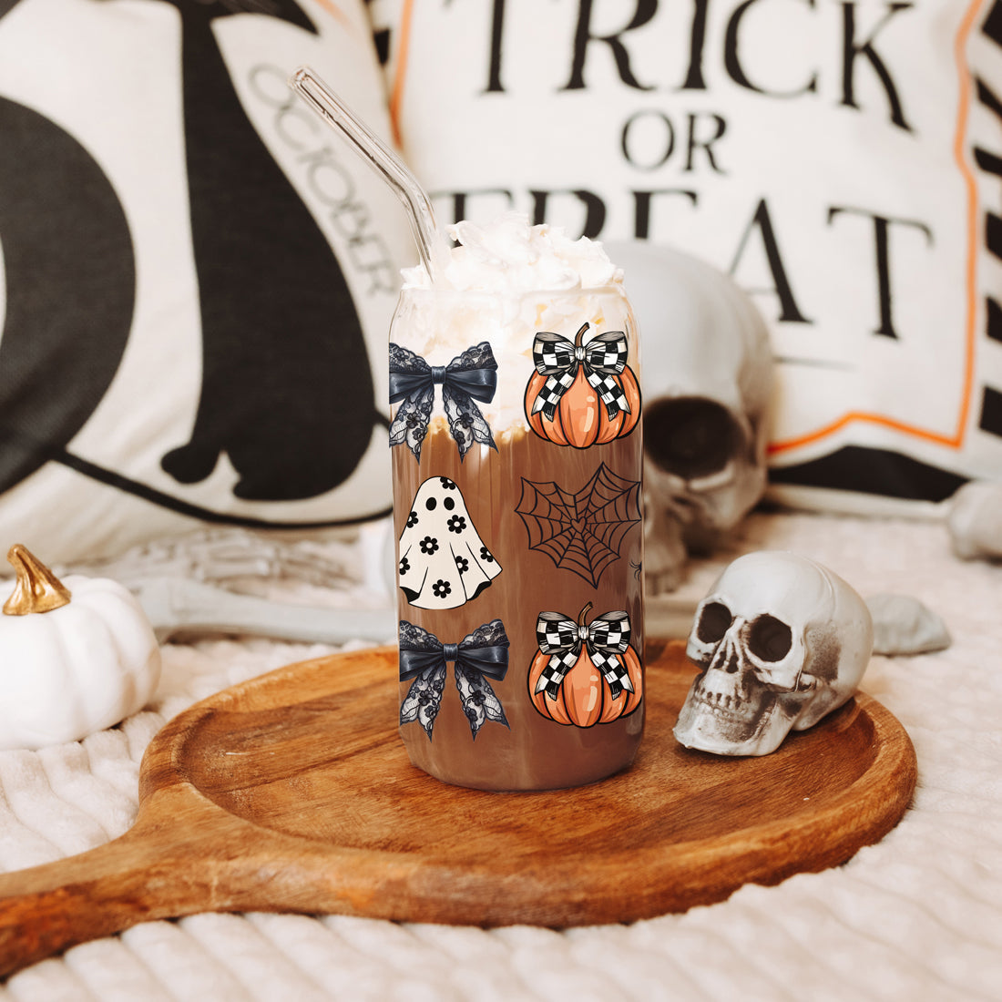 Halloween 20oz Glass Tumbler Bamboo Lid Stainless Straws Straw Cleaner