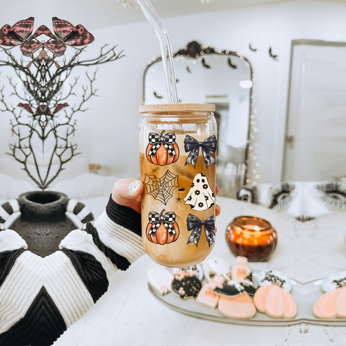 Halloween 20oz Glass Tumbler Bamboo Lid Stainless Straws Straw Cleaner