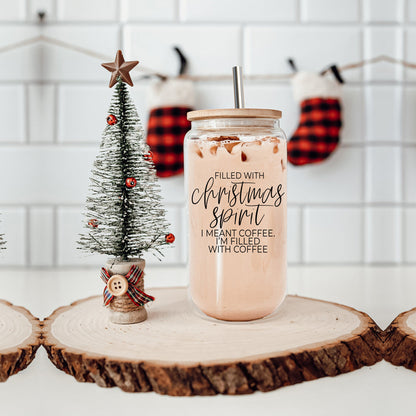Christmas Coffee 17oz Glass Tumbler With Bamboo Lid, Stainless Straws & Cleaner
