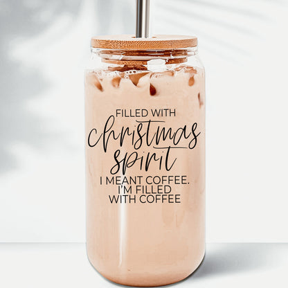 Christmas Coffee 17oz Glass Tumbler With Bamboo Lid, Stainless Straws & Cleaner