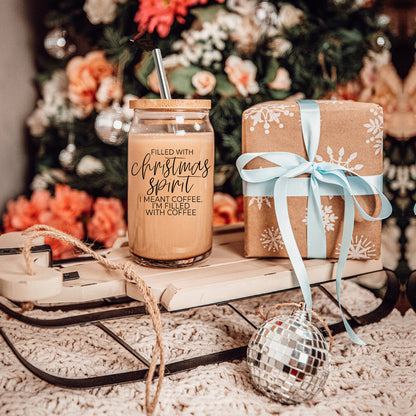 Christmas Coffee 17oz Glass Tumbler With Bamboo Lid, Stainless Straws & Cleaner