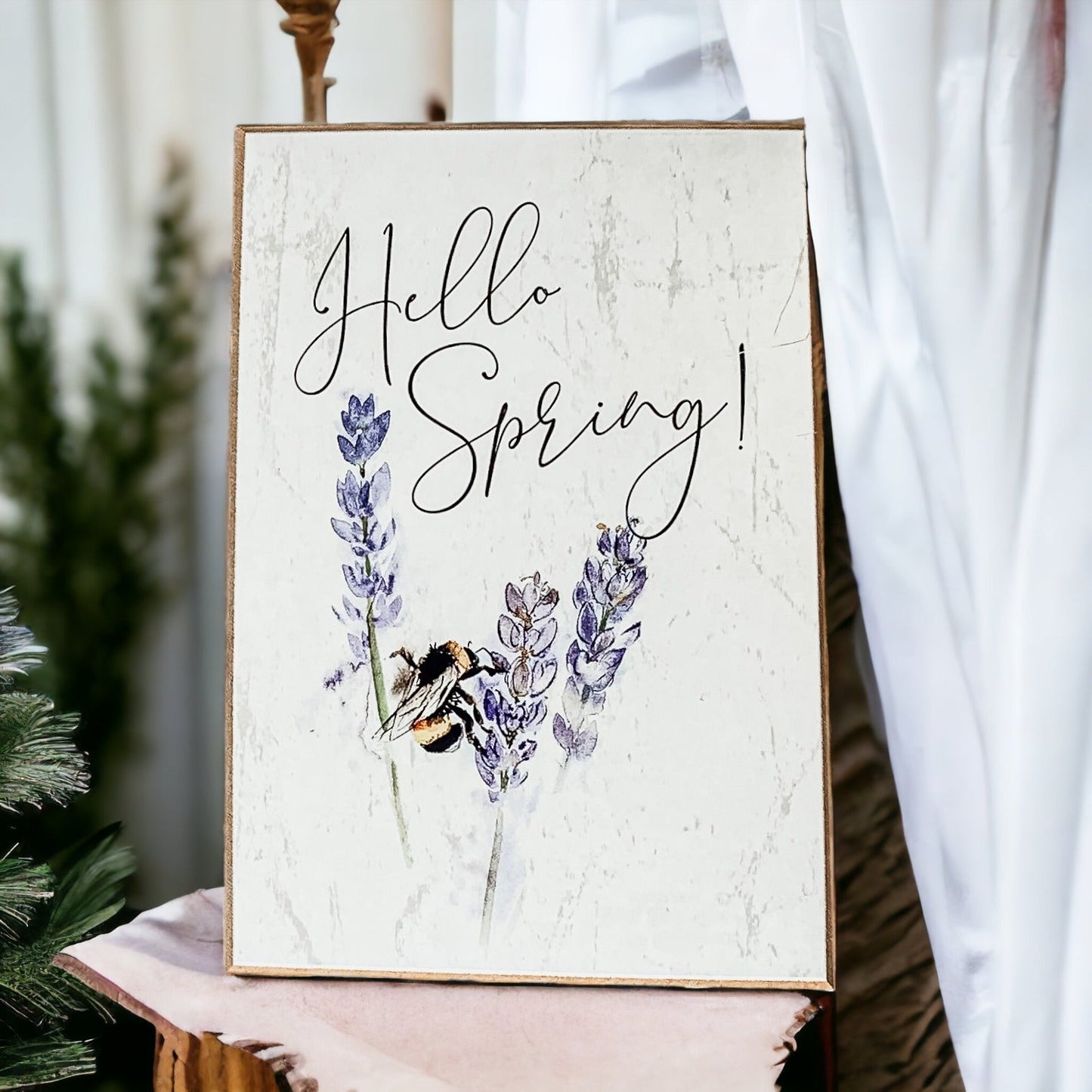 Hello Spring Wooden Block Sign Rustic Farmhouse Shelf Tabletop Decor