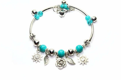 Spring Love Charm Bracelet Turquoise Beads Silver Charms