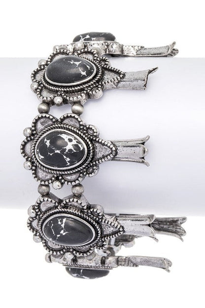 Squash Blossom Western Pink Stone Stretch Silver Bracelet