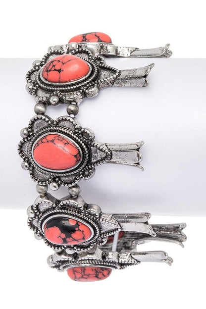 Squash Blossom Western Pink Stone Stretch Silver Bracelet