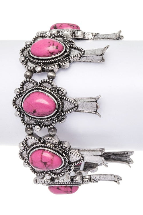 Squash Blossom Western Pink Stone Stretch Silver Bracelet