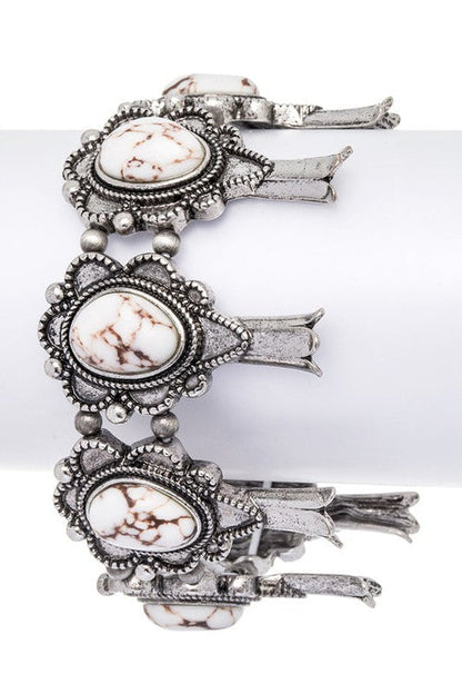 Squash Blossom Western Pink Stone Stretch Silver Bracelet