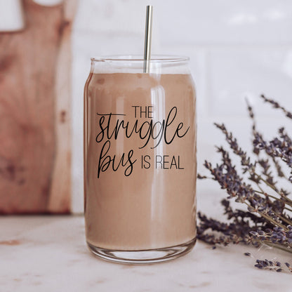 Struggle Bus 17oz Glass Tumbler Bamboo Lid 2 SS Straws and Cleaner Brush