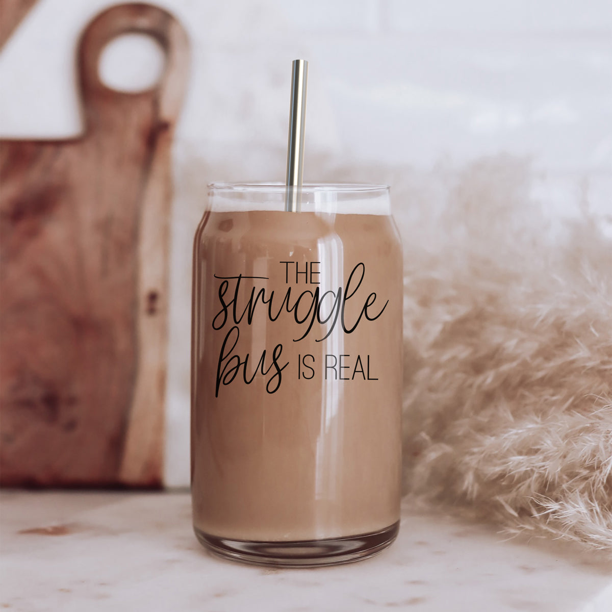 Struggle Bus 17oz Glass Tumbler Bamboo Lid 2 SS Straws and Cleaner Brush