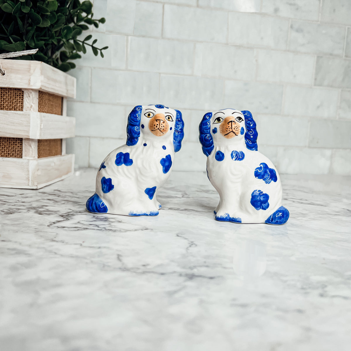 Staffordshire Dog Salt And Pepper Shakers Ceramic Hand-Painted Blue White