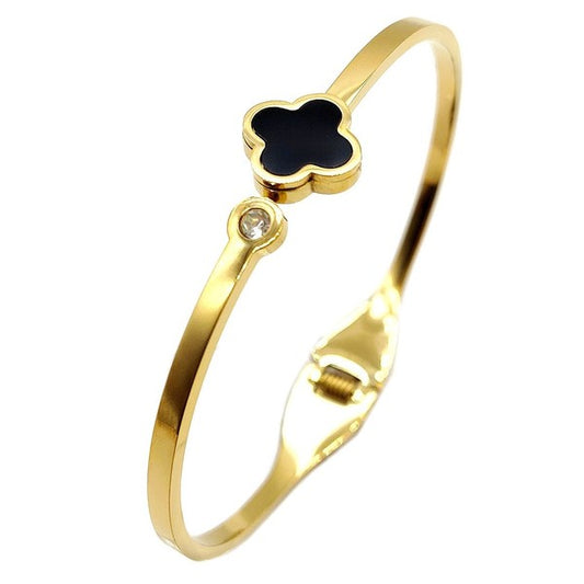Stainless Steel Clover Cuff Bangle With Crystal Accent