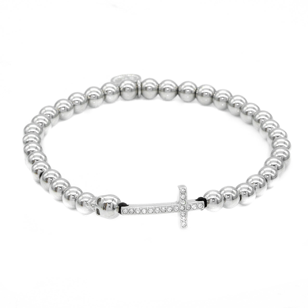 Steel Beaded Stretch Bracelet With Skull And Pave Cross