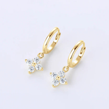 Sterling Silver 925 3mm Moissanite Four-Leaf Clover Hoop Dangle Earrings Women
