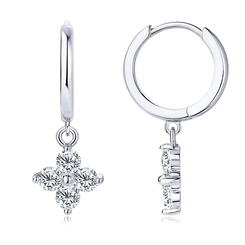 Sterling Silver 925 3mm Moissanite Four-Leaf Clover Hoop Dangle Earrings Women