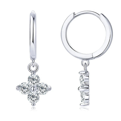 Sterling Silver 925 3mm Moissanite Four-Leaf Clover Hoop Dangle Earrings Women