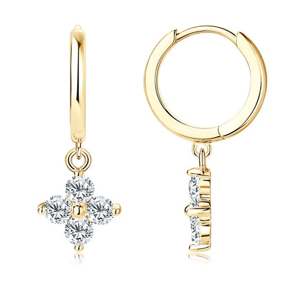 Sterling Silver 925 3mm Moissanite Four-Leaf Clover Hoop Dangle Earrings Women