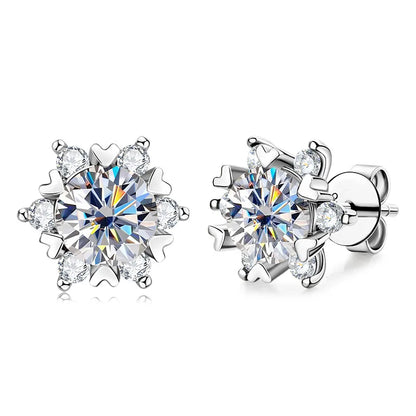 Sterling Silver Moissanite Snowflake Stud Earrings 6-Claw Valentines Gift