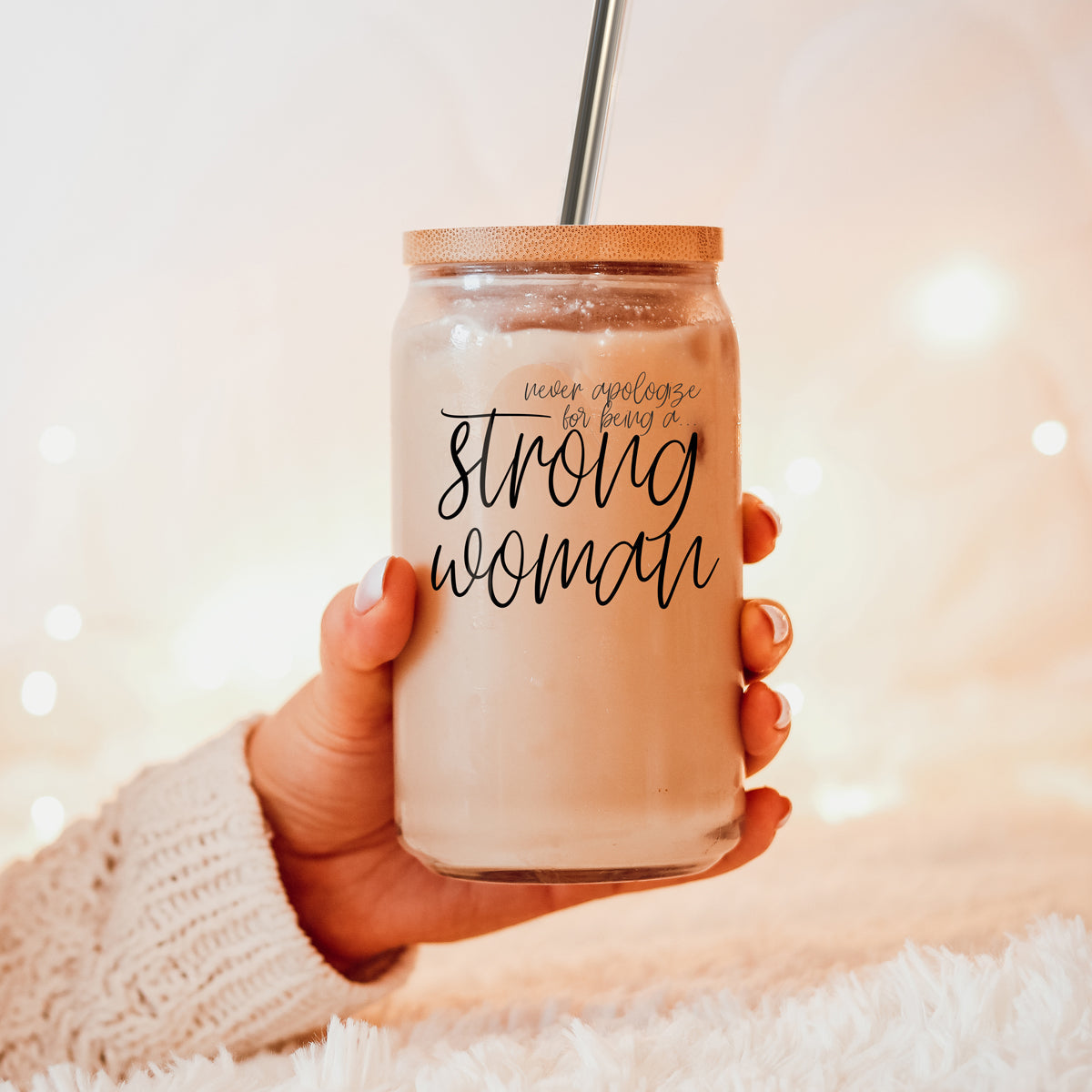 Strong Woman 17oz Glass Tumbler With Bamboo Lid And Stainless Straws - Gift