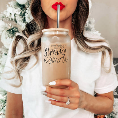 Strong Woman 17oz Glass Tumbler With Bamboo Lid And Stainless Straws - Gift