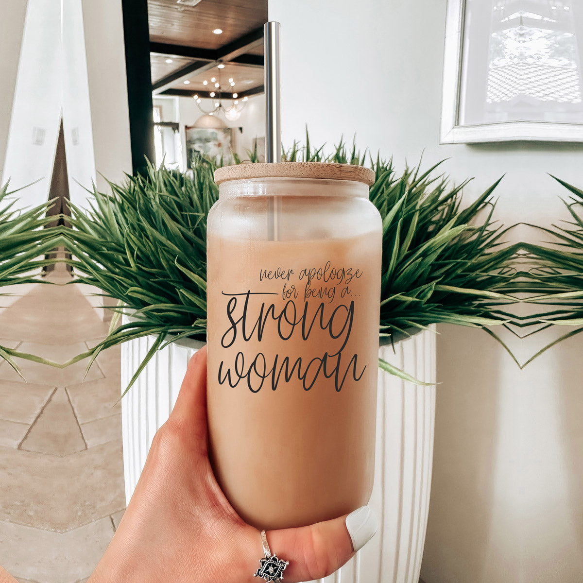 Strong Woman 17oz Glass Tumbler With Bamboo Lid And Stainless Straws - Gift