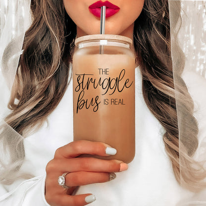 Struggle Bus 17oz Glass Tumbler Bamboo Lid 2 SS Straws and Cleaner Brush