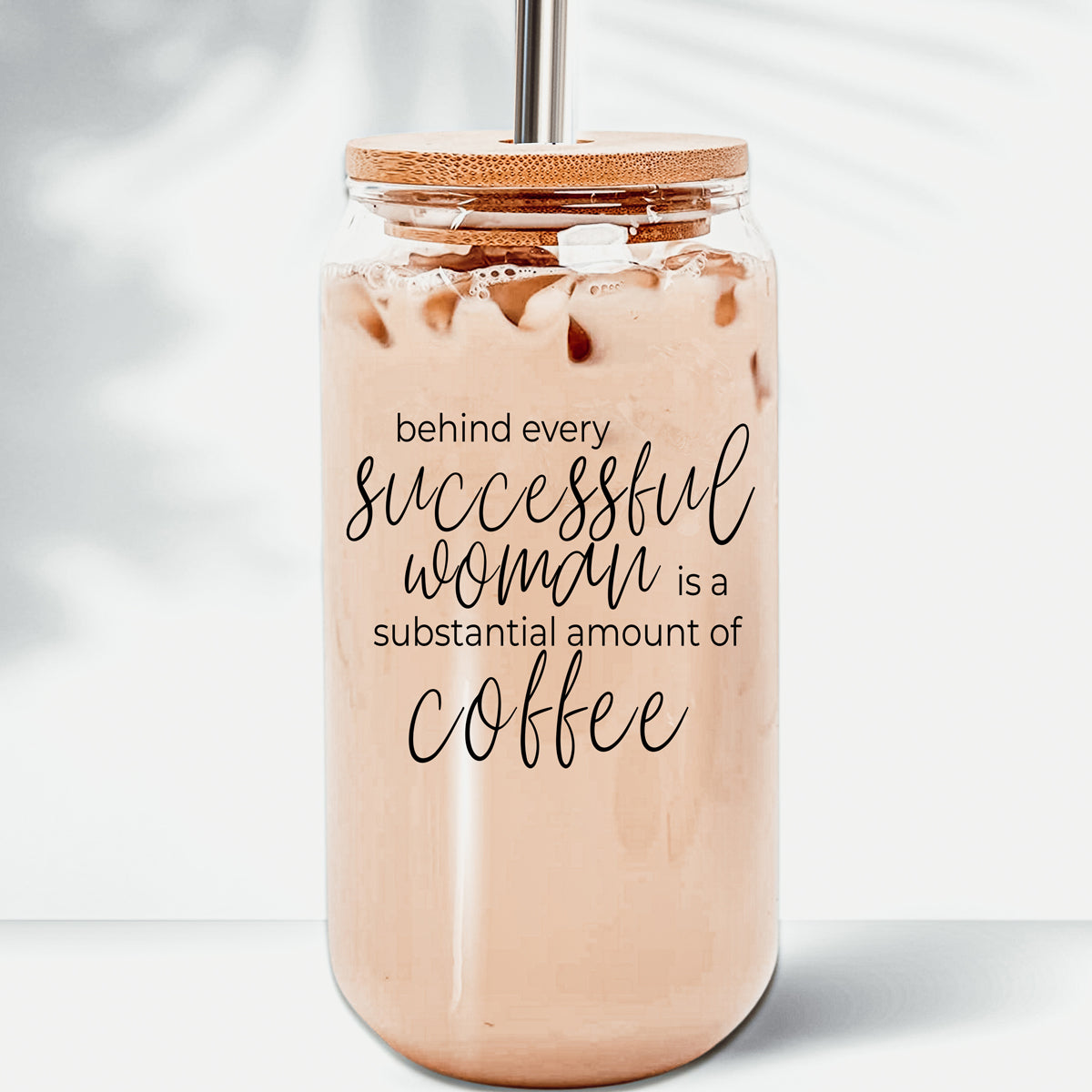17oz Glass Tumbler Bamboo Lid Stainless Straws - Coffee Quote For Women