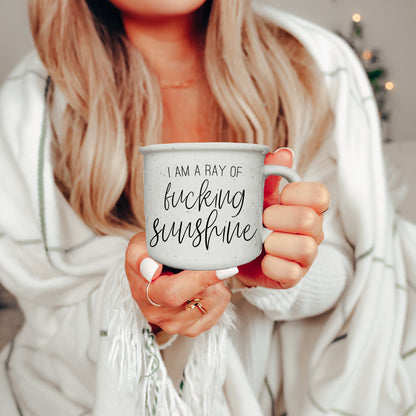 14.5oz Ceramic Campfire Mug White Sesame Glaze Speckled Ivory Black Lettering Design Both Sides Gift