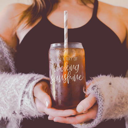 17oz Glass Tumbler With Bamboo Lid, 2 Stainless Straws and Cleaner, Sassy