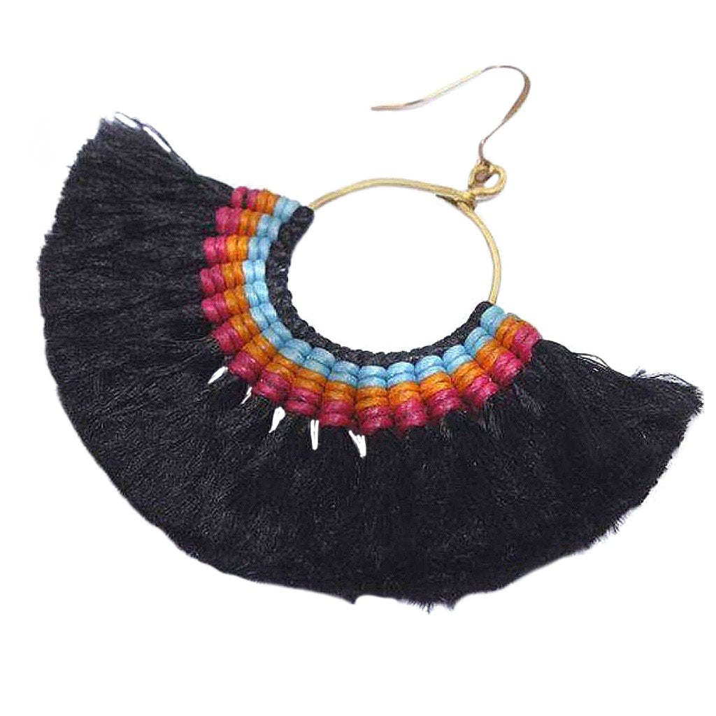 Tassel Fan Earrings Boho Cotton Tassel Lightweight 3in Drop Brass Handmade